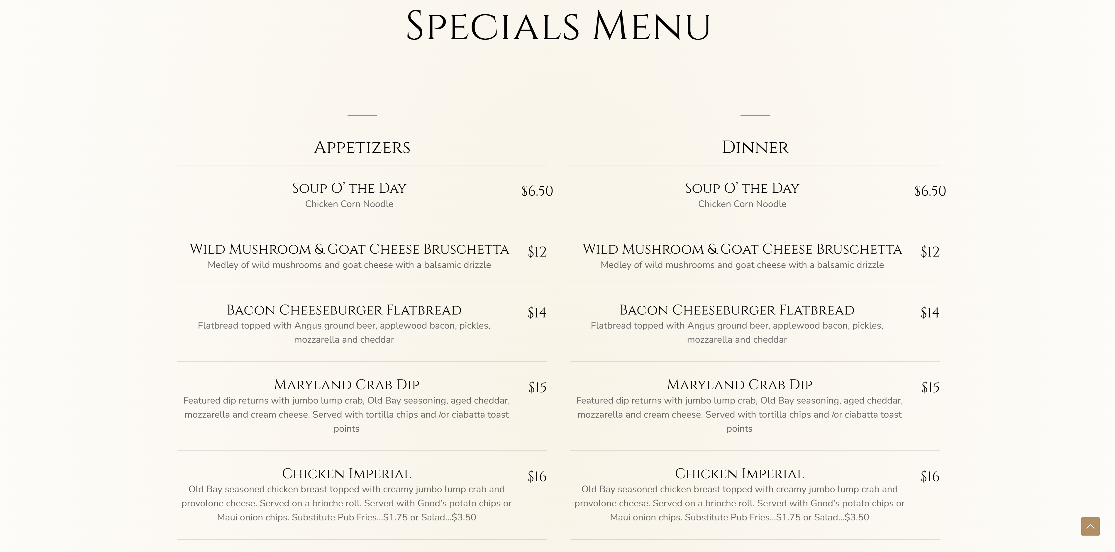 Screenshot of the Flanagans Pub Specials Menu on their website