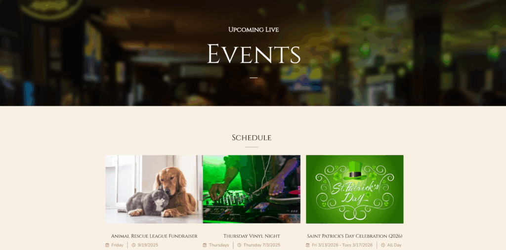 Screenshot of the Events page on the Flanagans Pub website
