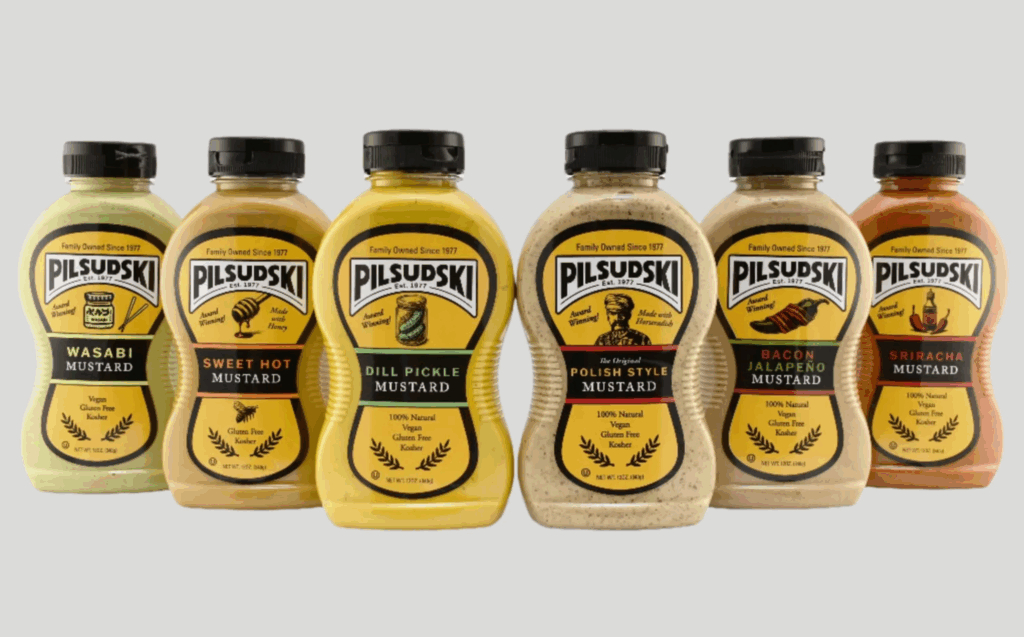 Photo of the Pilsudski Mustard bottles showing all 6 flavors