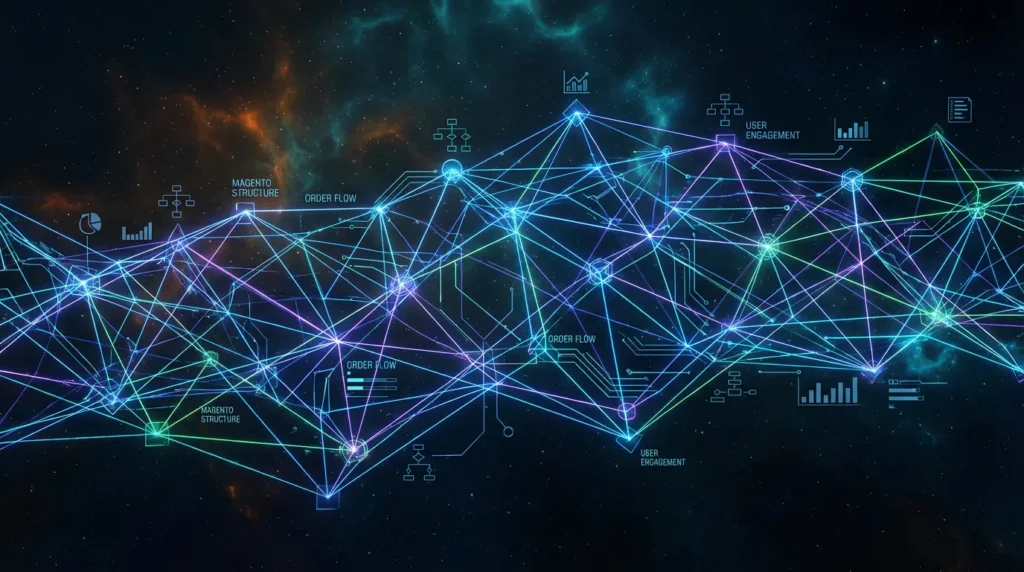an abstract visualization of ecommerce analytics. a complex, tangled wireframe lattice demonstrates the intricacy of data that digital mully manages