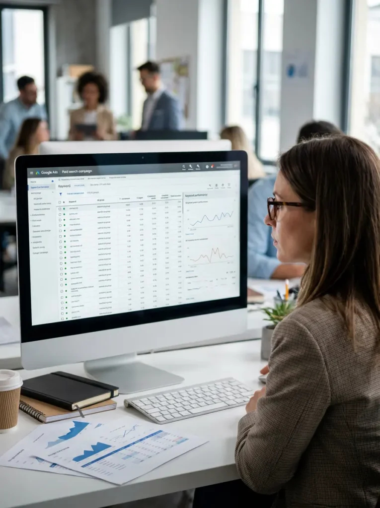 an image of a female marketing director looking at her computer reviewing a google ads paid search campaign that digital mully could manage for her company