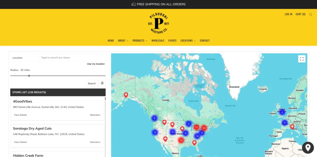 screenshot of the pilsudski mustard location finder page