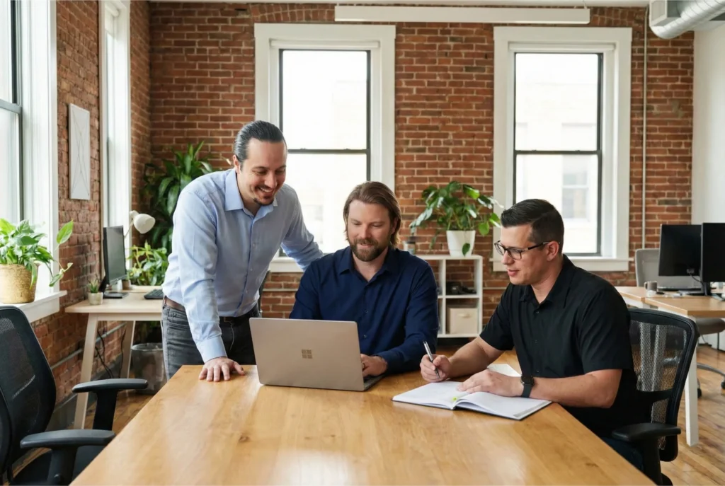 David Sean and Bryan sitting down at a table to develop a marketing strategy for a Digital Mully client