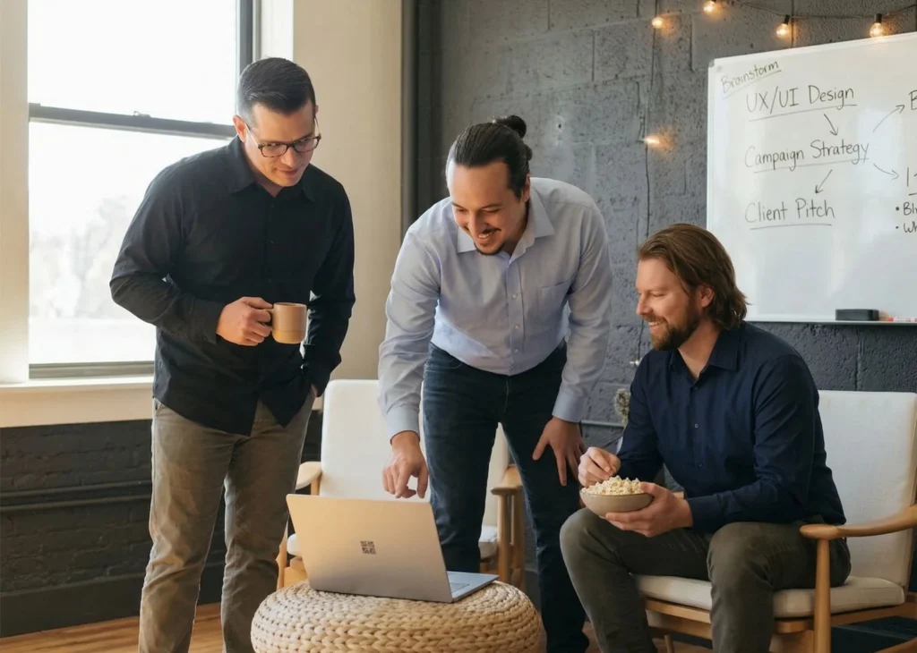 Digital Mully team Bryan Sean and David reviewing a monthly audit for a digital marketing client